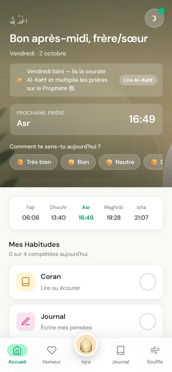 Écran d'accueil de Nour avec le rappel du vendredi et la prochaine prière