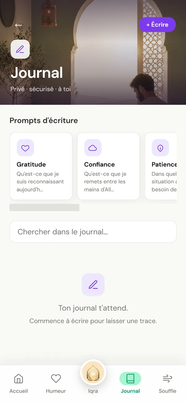 Journal privé de Nour avec des pistes d'écriture : gratitude, confiance, patience